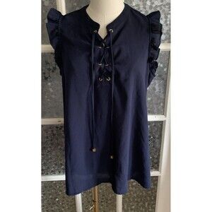 Michael Kors Top Lace Front Sz L Ruffle Cap Sleeve Navy